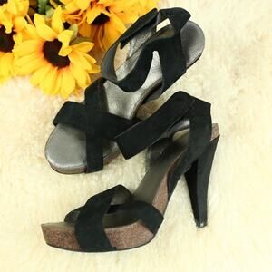 Nine West Black Suede Leather Ebby Heeled Strappy Platform Sandals Size 6.5